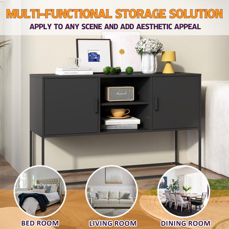 Schwarzer Metall-Akzent-Schrank, Sideboard-Buffet und Aufbewahrungs-Schrank-Safe, Robuster Metallbau mit stilvollem Schwarz, H 75 cm × B 120 cm × T 40 cm