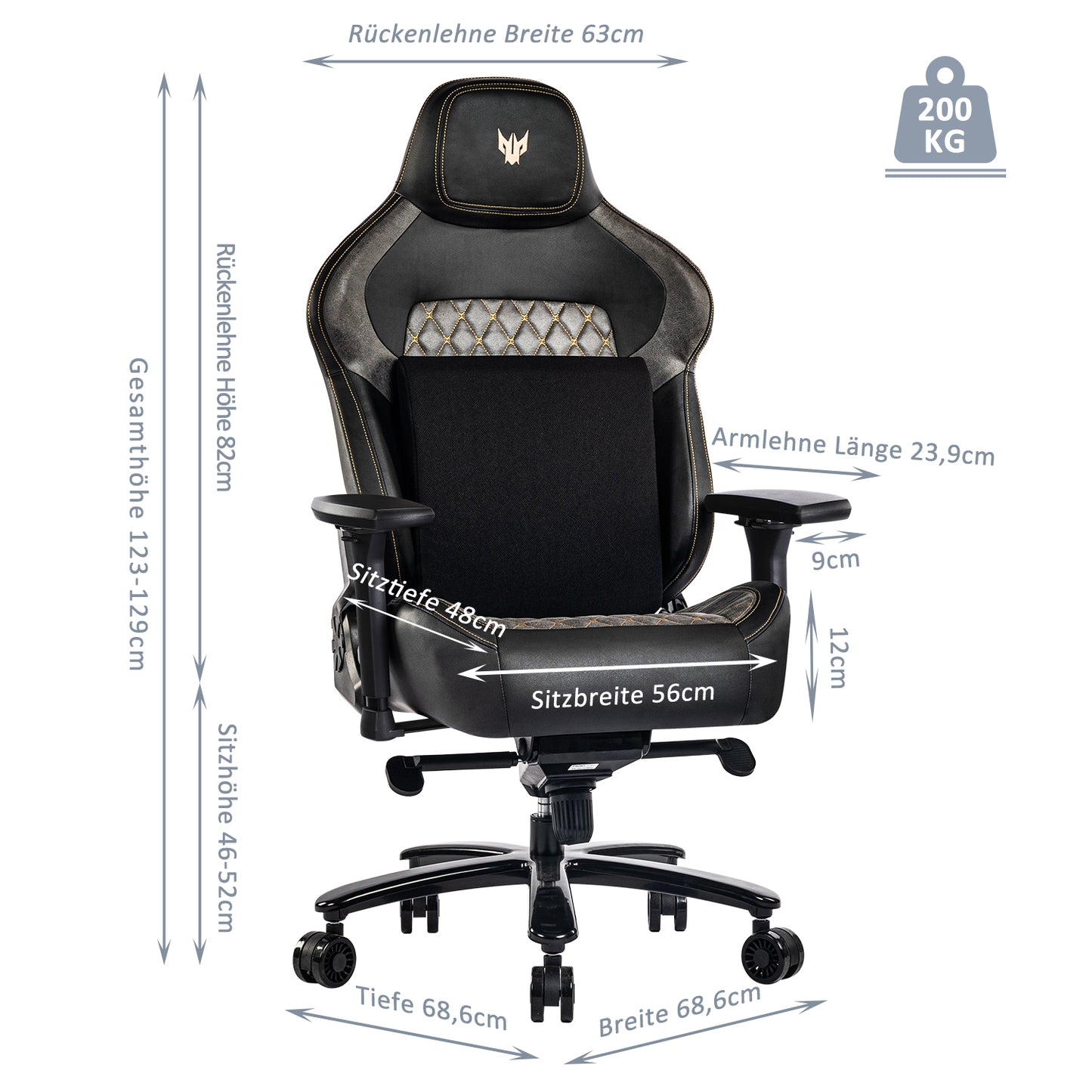 Gaming Stuhl 200KG Belastbarkeit Bürostuhl 200KG Verstellbare Armlehne 4D Gamer Stuhl mit Lendenwirbelstütze Chefsessel Ergonomischer Schreibtischstuhl