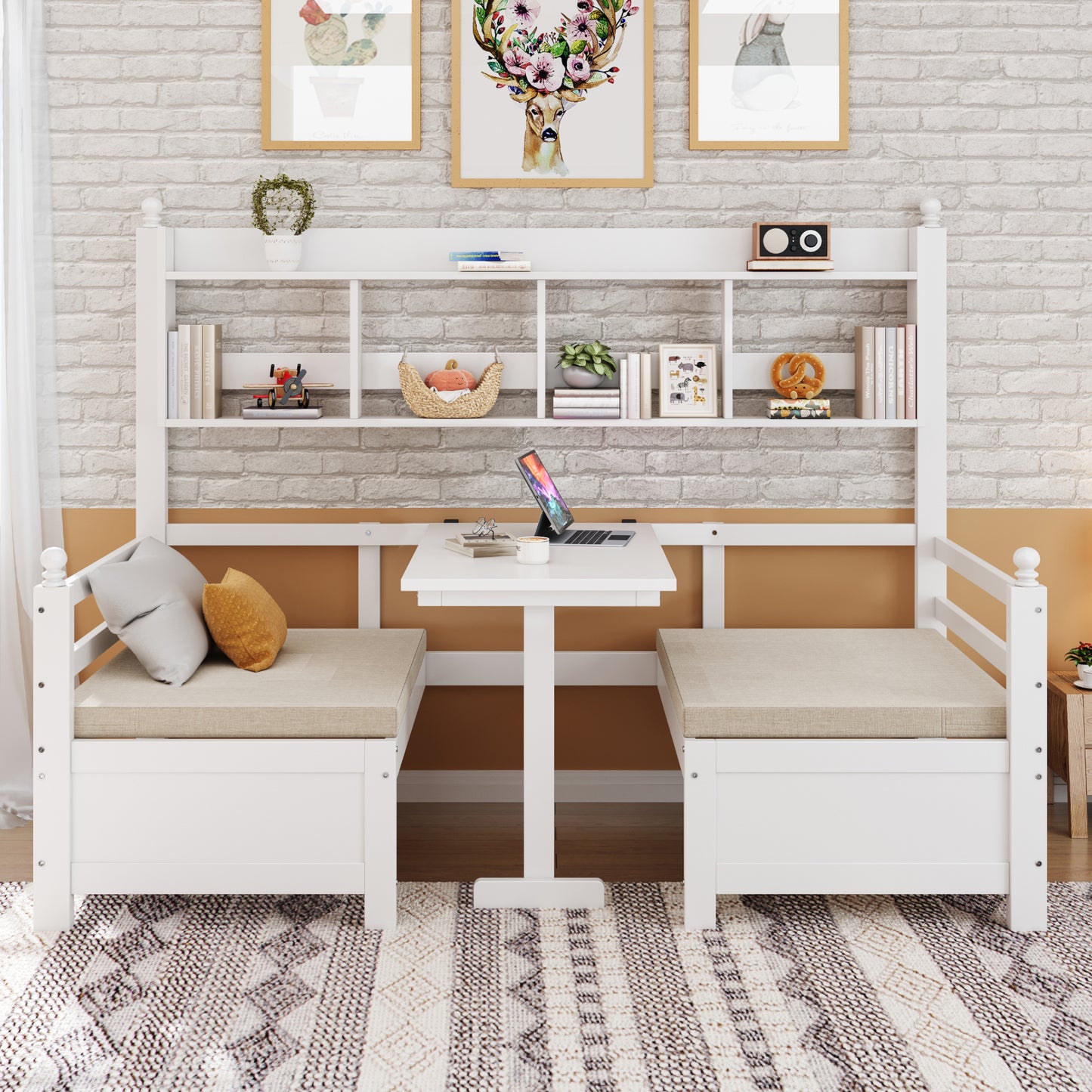 Multifunktionales Massivholz Schlafsofa 200x90 cm, 2-in-1 Bett und Schreibtisch, Frei Umbaubar, Mit Bücherregal Zur Aufbewahrung, Mit Bequemen Kissen, Gästebett Einzelholzbett, Weiß