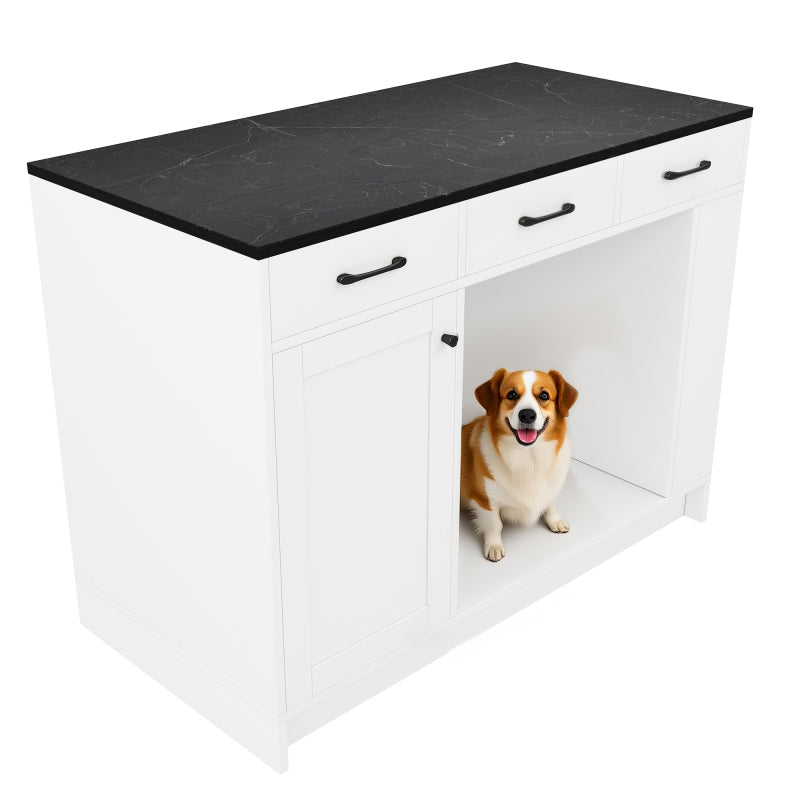 Kücheninsel, verstellbare Glasplatte, Doppelablage (ohne Hundefutter Teller), geräumiger Haustier Aufbewahrung Bereich (ohne Hundekissen), weiß