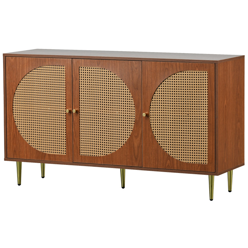 Sideboard mit 3 Rattan verzierten Türen Kommode Highboard mit Metallgriffe, für Schlafzimmer & Wohnräume & Büro, Nussbaum 129.8x 40x 76cm