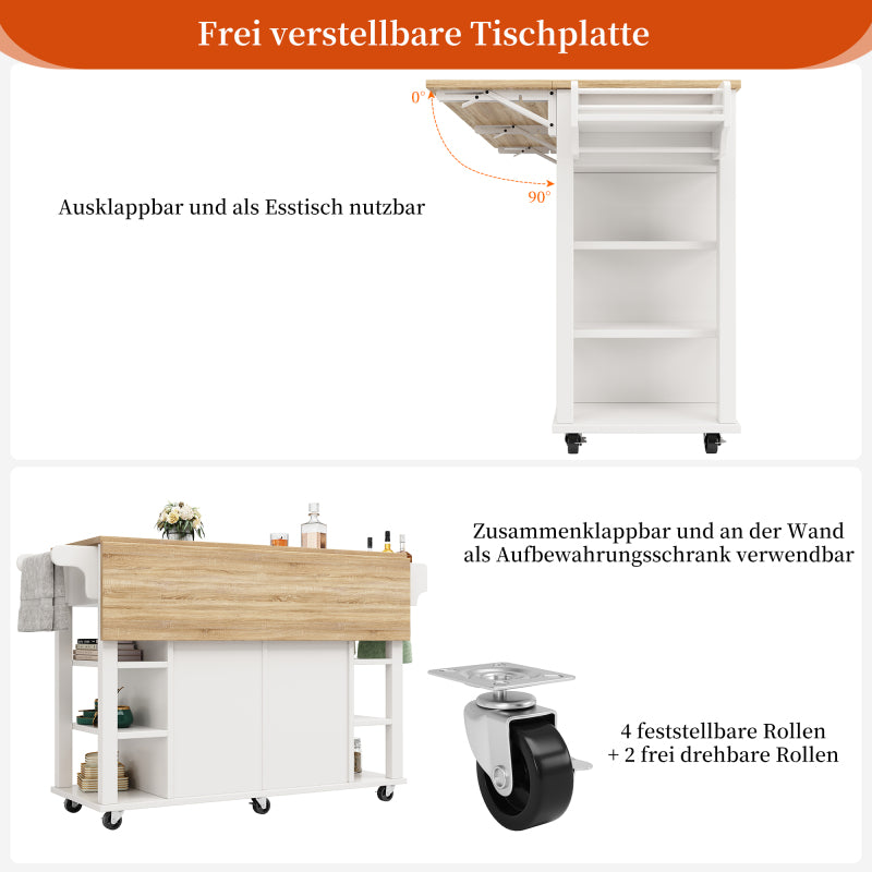 Kücheninsel mit herausnehmbaren Trennwänden, Speisewagen mit Arbeitsplatte, Buffetschrank, Speisewagen mit Holzmaserung, Handtuchhalter beidseitig mit Rollen, weiß