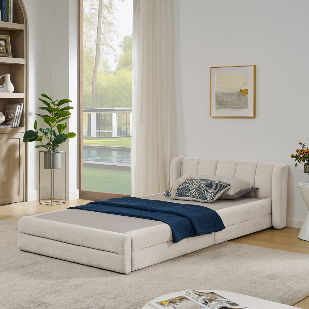 Einzelbett 90x200 cm, hautfreundlicher Chenille Stoff, komfortables Rückenlehne, auch als Kinderbett geeignet, Beige (ohne Matratze)