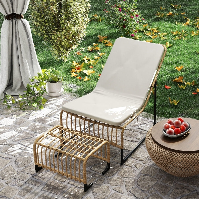 Rattan Relaxsessel mit Fußhocker, Outdoor Rattanstuhl Gartenstuhl für Garten, Balkon, Terrasse, Naturholz