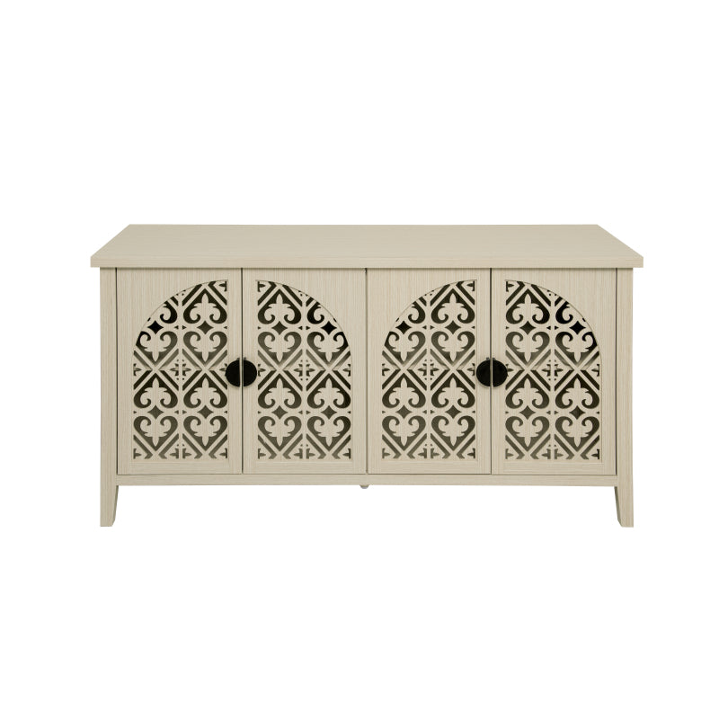 Natürliches Holzfarbener vier Türen Sideboard, mit geschnitztem und durchbrochenem Design, ausgestattet mit drei Einlegeböden. Geeignet für Wohnzimmer, Flur, Esszimmer und Küche.(147.6x40x80cm)