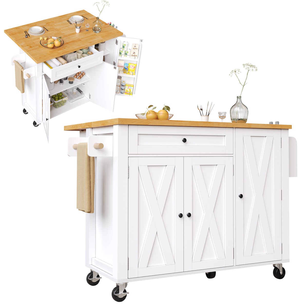 Kücheninsel mit Rollen & klappbarer Arbeitsplatte, Küchenwagen mit 3 Türen & Schublade, Sideboard inkl. Gewürzregal & Handtuchhalter, 99cm