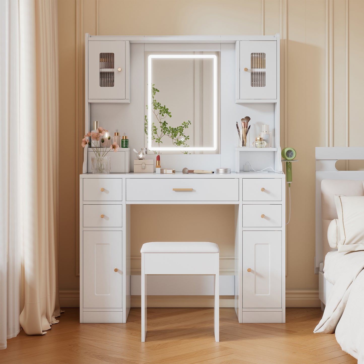 Große Schminktisch mit verstellbaren LED-Beleuchtung und Steckdosen, für das Schlafzimmer, Weiß