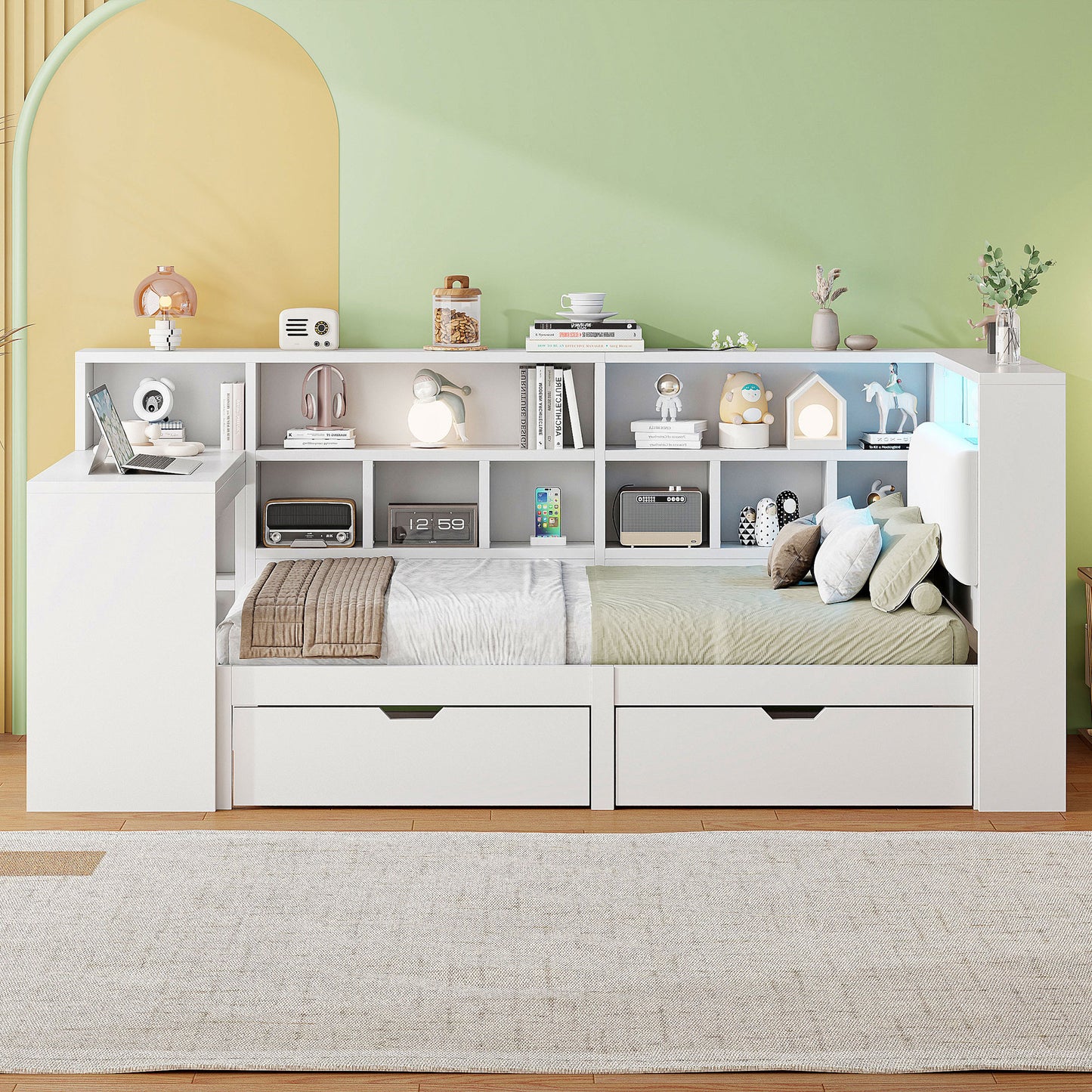 90x200 L-förmiges Holz-Plattformbett mit Schreibtisch und Bücherregal, Eck-Kapitänsbett mit gepolstertem Kopfteil, Schubladen unter dem Bett, LED-Licht - Weiß