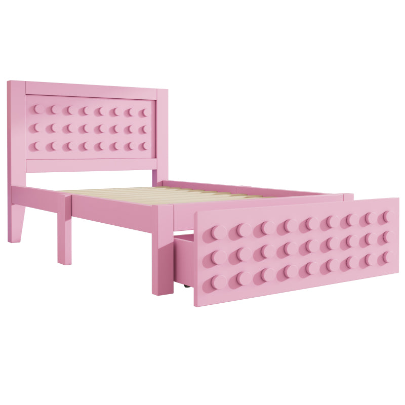 Holzbett Einzelbett 90x190 cm, Kinderbett Jugendbett mit Kreativem Block Design, Massivholz Bettgestell mit Lattenrost, mit Schubladen & Unterm Bett Stauraum, Rosa, Ohne Matratze