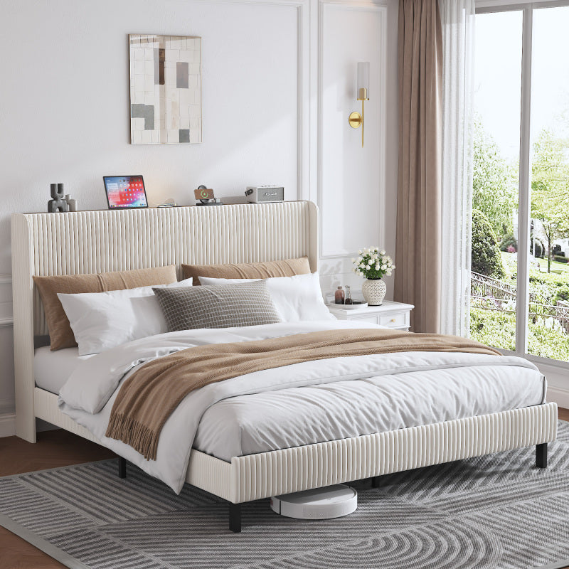 Bettrahmen gepolstertes Plattformbett mit Stoffköpfchen, Flügelkantendesign/Nicht-Rutscht- und Rauchfreien/Metalllatten/No BoxSpre 180*200