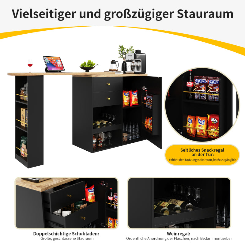 Um 360° drehbarer Bartisch (Hauptkörper 105 x 39 x 102 cm), mit 2 Schubladen und Schiebetürschrank, 3 Ebenen offener Stauraum, geeignet für Esszimmer/Arbeitszimmer/Wohnzimmer usw