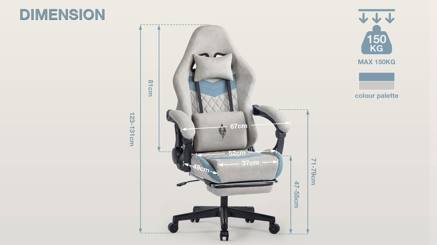 Gaming Stuhl mit Fußstütze Gaming Stuhl Stoff Bürostuhl mit Lendenwirbelstütze Ergonomischer Gaming Sessel Gaming Stuhl 150 kg Belastbarkeit Gamer Stuhl Verstellbare Armlehne, Grau