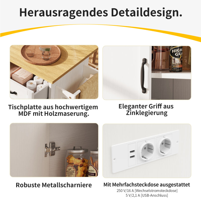 Kücheninsel, Küchenwagen mit Steckdosenleiste ausgestattet, Küchenschrank, Abnehmbare Servierwagen mit Weinregal,buffetschrank, Speisewagen mit Holzmaserung, buffetschrank, weiß