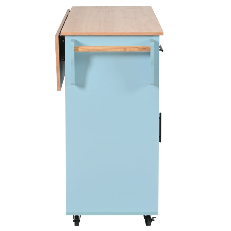 139x46(71)x91,5 cm großer Esswagen/Anrichte, Korpus Blau + Arbeitsplatte in Massivholzmaserung, klappbare Arbeitsplatte, Ablagetür, Rollen, auswechselbare Massivholzfüße, geeignet für Esszimmer, Küche