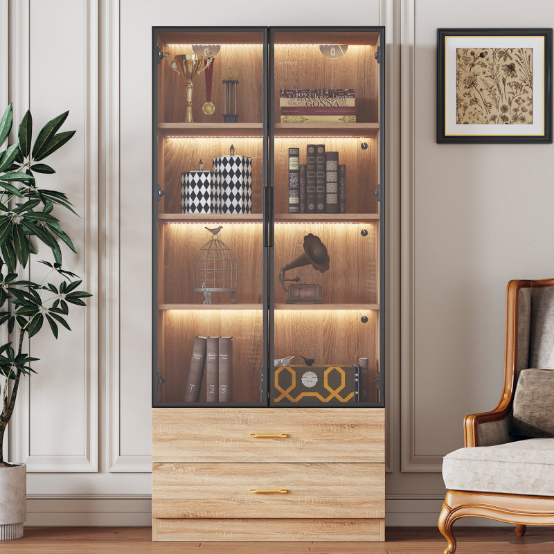 Badezimmerschrank, mittel, mit Lichtleiste, 75 cm breit, mit 2 großen Schubladen und 2 Türen, Glastür