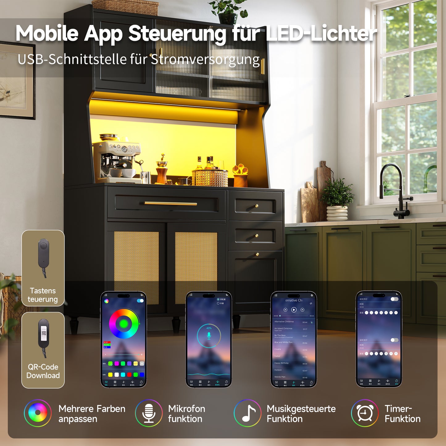 Küchenschrank, Esszimmerschrank mit 3 Schubladen,Sideboard mit LED-Beleuchtung, PE-rattan, schwarz