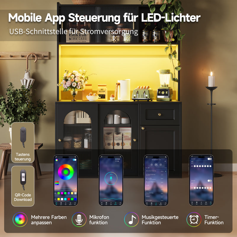 Küchenschrank, Esszimmerschrank, Sideboard mit LED-Beleuchtung, schwarz