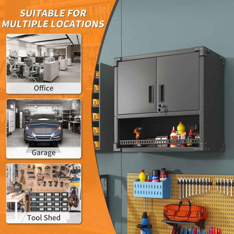 Metall Wandmontage Werkzeug Schrank mit Tür und Fach, Metallwandregal mit Schloss für Garage, Werkstatt, Büro - Umweltfreundlich, Robust, Montageerforderlich, H 77 cm × B 80 cm × T 30 cm