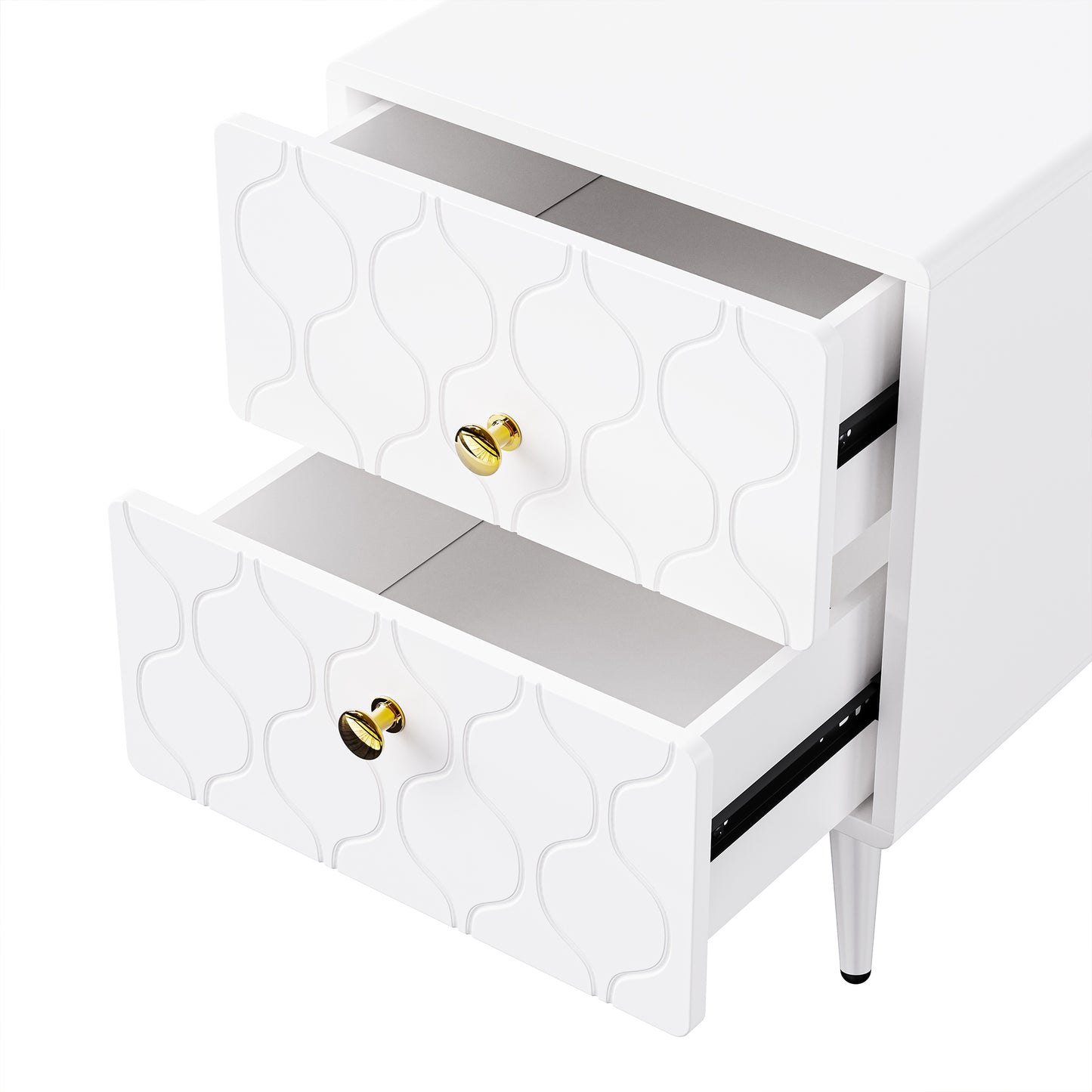 Moderner Nachttisch, vergoldete Griffe, Wellenmuster, 2er-Set, mit 2 Schubladen, lackiert, Ecken mit stoßfestem Design, 39,5 B*40 T*50 H cm, Weiß