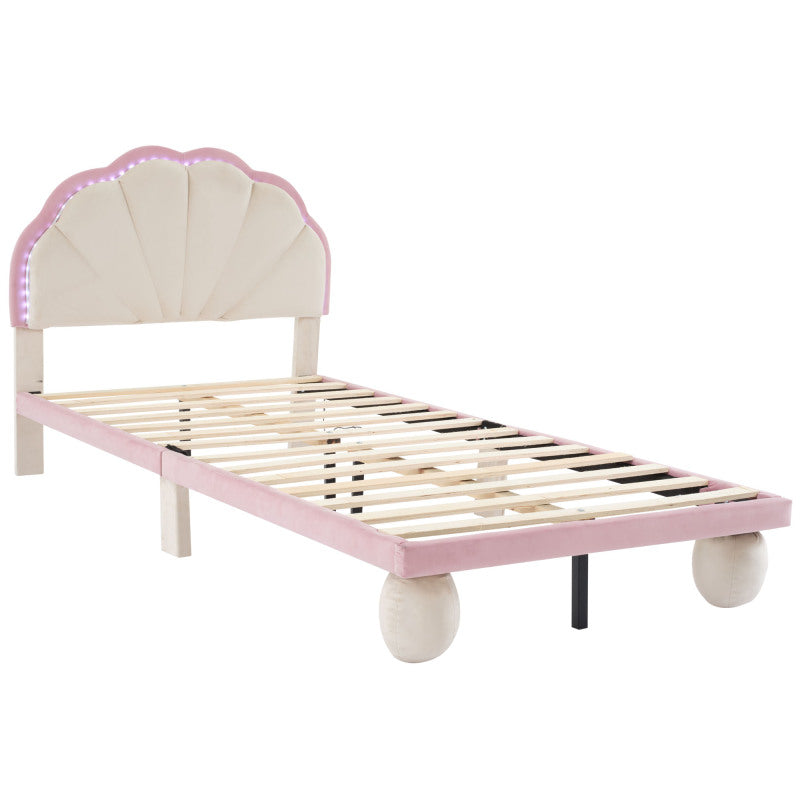 Polsterbett mit mehrfarbigen, wechselnden LED Lichtstreifen, Kopfteil mit Wellenschliff, mit gepolsterter runden Beine, Kinderbett mit Holzlatten, Einzelbett, Samt, Beige+Rosa, 90x200cm