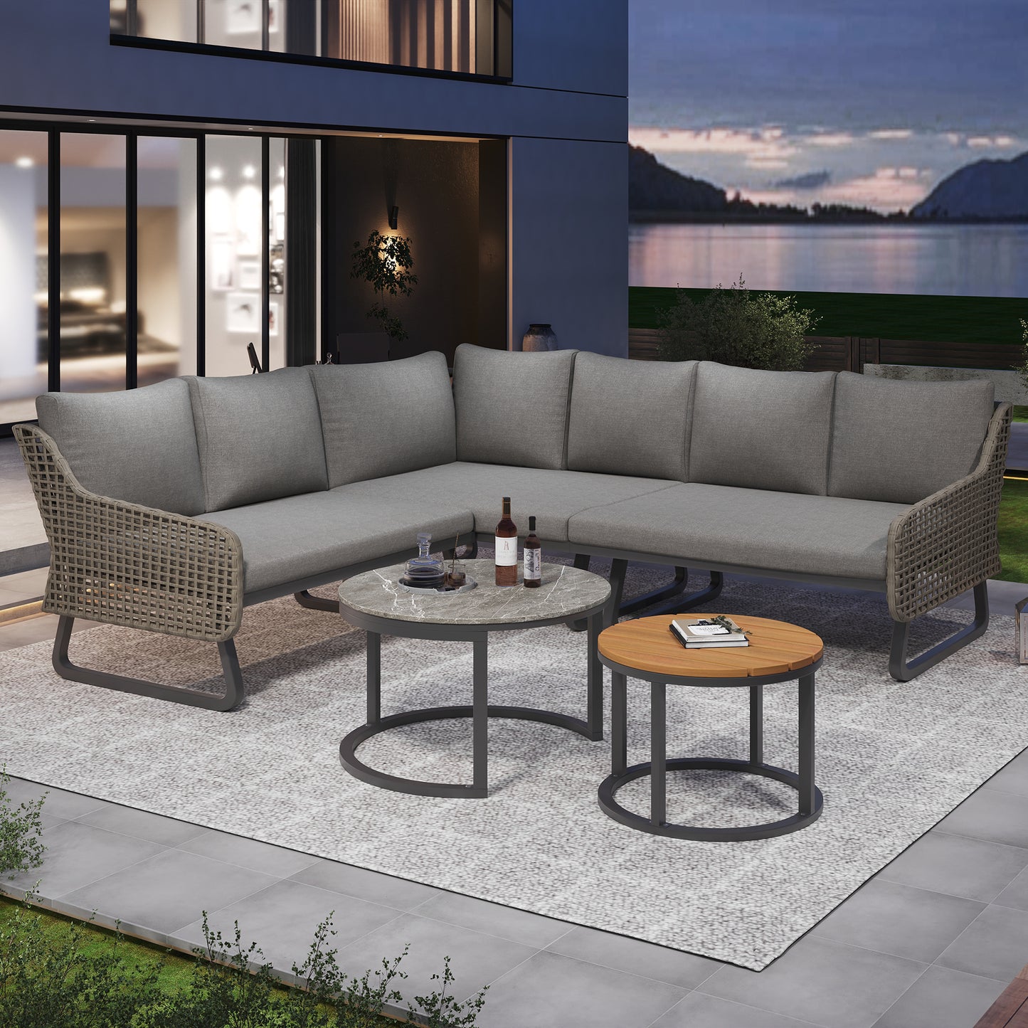 Gartenmöbel-Set für 6-7 Personen, Outdoor-Lounge-Set, Rattan-Handwerk, mit zwei Tischen, mit verzinktem Eisengestell, verstellbare Beine, inklusive aller Sitz- und Rückenkissen, grau
