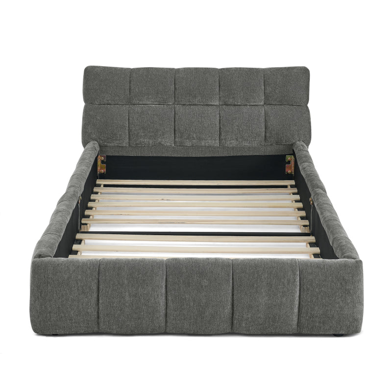 Einzelbett 90*200 cm, Kinderbett mit seidig weichem Chenille - Bezug, quadratischem Steppdesign, Dark Gray (ohne Matratze)