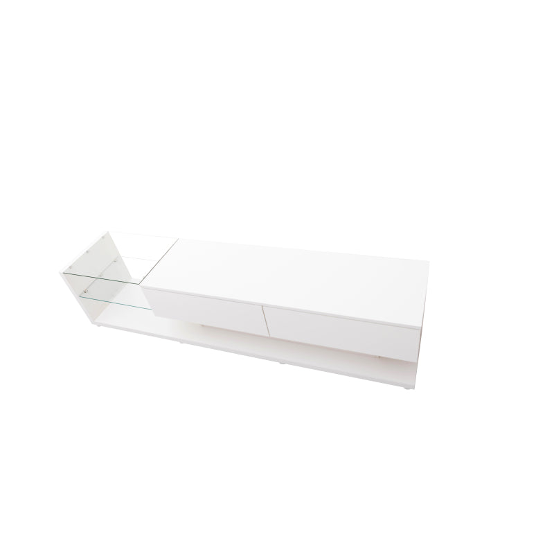 TV-Schränke, niedrige Paneele, hochglänzende weiße Glastrennwände und variable LED-Beleuchtung. Es verbindet natürlichen, rustikalen Stil mit modernem Design.