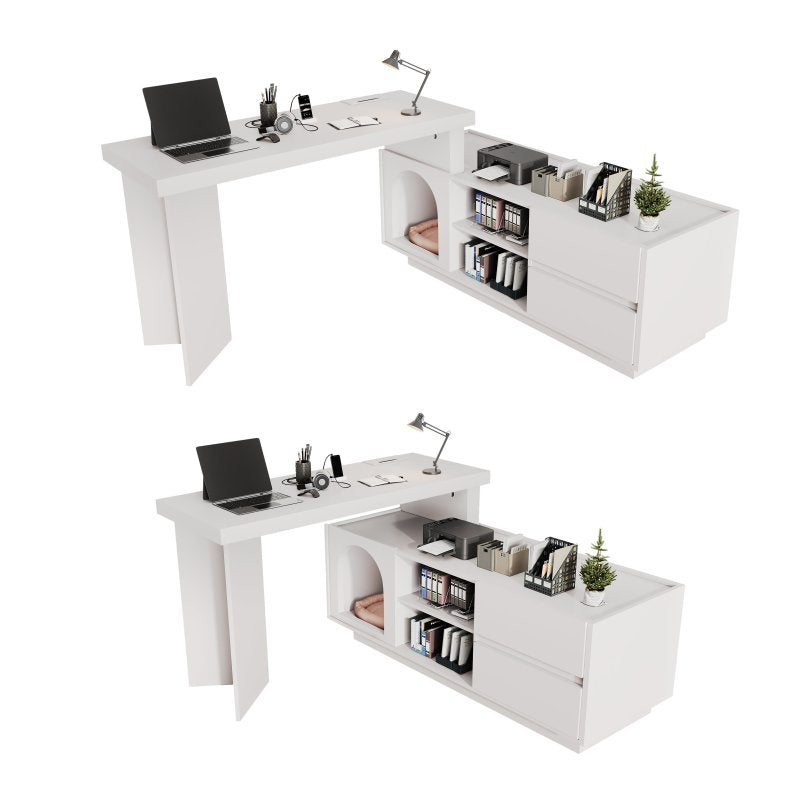 Eckschreibtisch mit integriertem Tierhaus, L-förmig oder einteilig, flexible Montage, Eckschreibtisch für Home Office mit XL-Tierhöhle, White