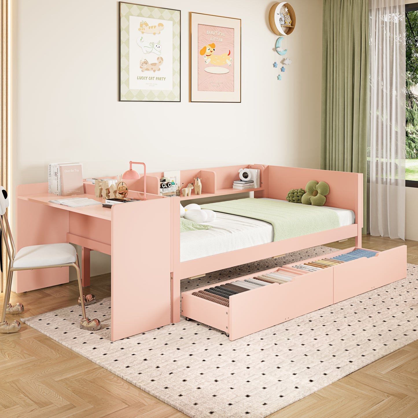 Flachbett, Holzbett, 90x200cm, mit Schreibtisch, ausgestattet mit 2 Schubladen, Einzelbett(Ohne Matratze), mit Regalen, Kiefer+Spanplatte, Rosa