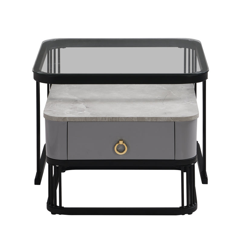 Stapelbarer Couchtisch: hochglänzende Marmoroptik und Glasplatte, schwarze Beine, Beistelltisch mit Schubladen im 2er-Set