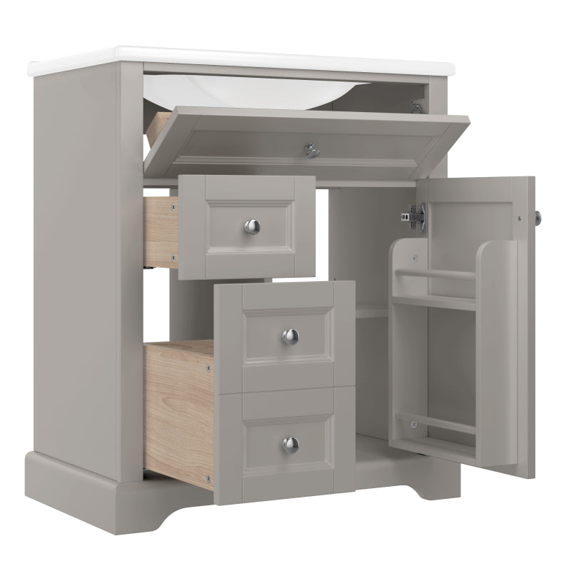 76x46x87cmBodenstehender Badezimmerschrank mit Waschbeck, Waschtisch, feuchtigkeitsbeständig lackiert, Soft-Close-Schubladenführungen, Türregale,ausklappbare Schublade,verstellbare Ablagefläche, grau