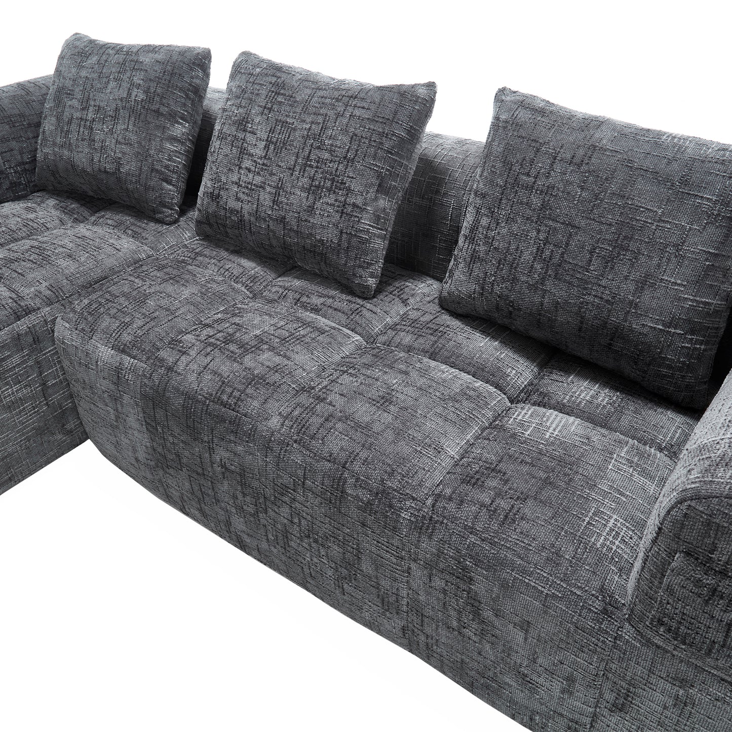 Modernes Sektionssofa, L-Sofa, 3-Sitzer-Sofa, keine Installation erforderlich, Chenille-Sofa mit Chaiselongue und Armlehnen, 3 Kissen, Seitentasche für Fernbedienung, Grau