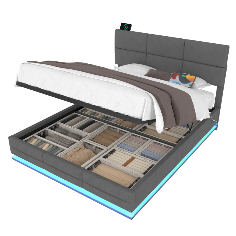 180x200 cm Modernes Velours-Polsterbett mit höhenverstellbarem Kopfteil - Inkl. USB/Type-C-Anschlüssen, LED-Ambientebeleuchtung, hydraulischem Lift-System & XXL-Stauraum (ohne Matratze) - Grau