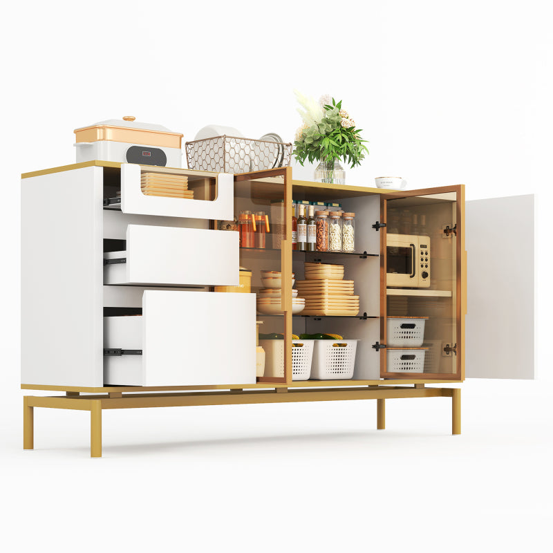 Elegantes Sideboard 150Lx40Bx80H cm, weiß, Arbeitsplatte aus Marmor, goldene Zierleiste - Moderner Stauraumschrank mit Glas- und Holzfächern