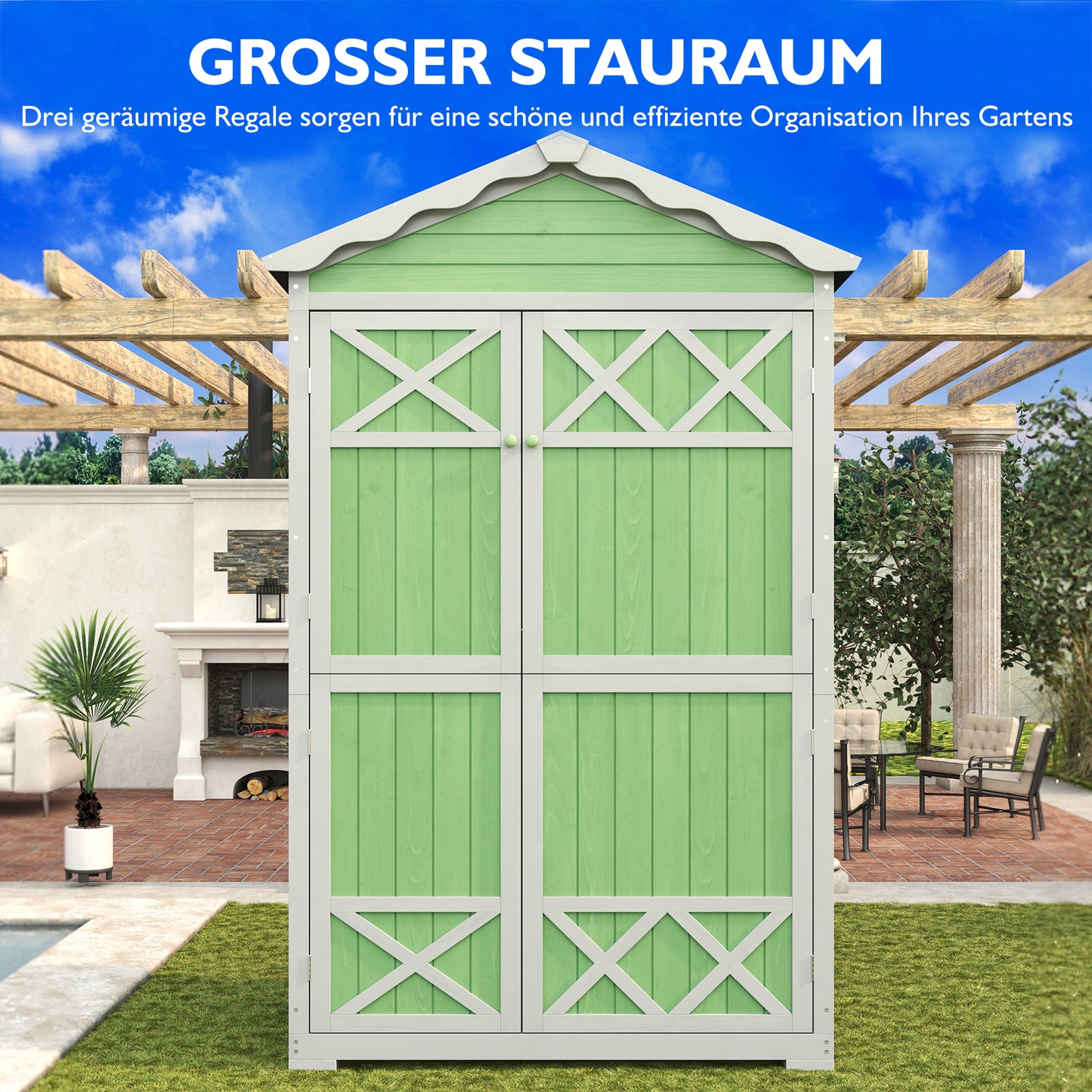 Outdoor Holz Gartenmöbel Aufbewahrungsschuppen, Werkzeughaus für Garten, Terrasse, verblassungsfrei, wetterfest, sicher und geschützt, wartungsfrei, umweltfreundlich, grün