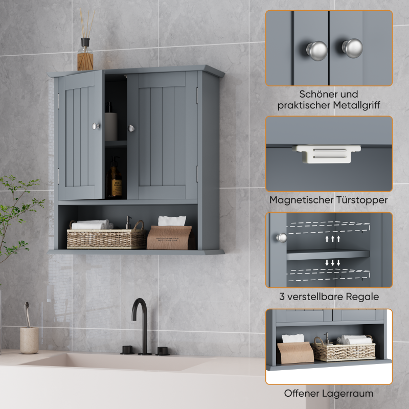 Badezimmerschrank Wandregal mit 2-Türen, hellgrau