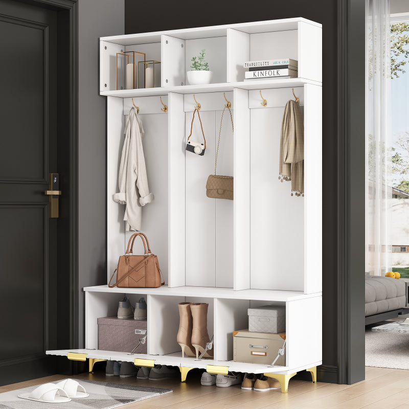 Garderoben Set 4-teilig mit Spiegel und Sitzbank , Garderoben Set, Garderobenmöbel,Garderoben-Set, Stylishe Kompaktgarderobe mit 4 Kleiderhaken, Stangen und Ablage, Praktischer Wandgarderobe