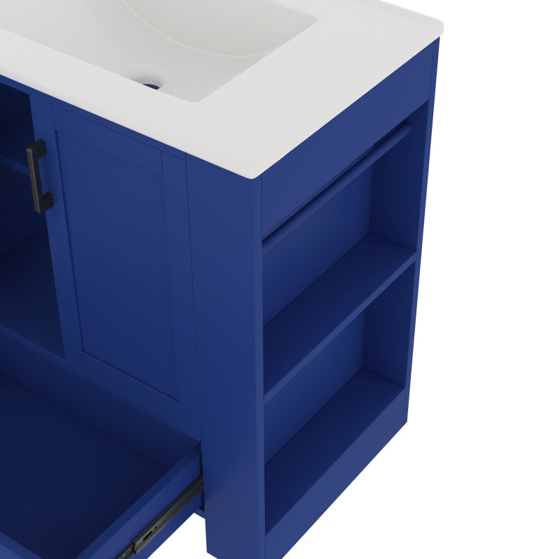 76 x 46 x 78.5cm Bodenstehender Badezimmerschrank, Waschtisch,komplett lackiert, Doppeltürregale, geräuschlose Schubladen, Regale auf beiden Seiten, integriertes Keramikwaschbecken, blau