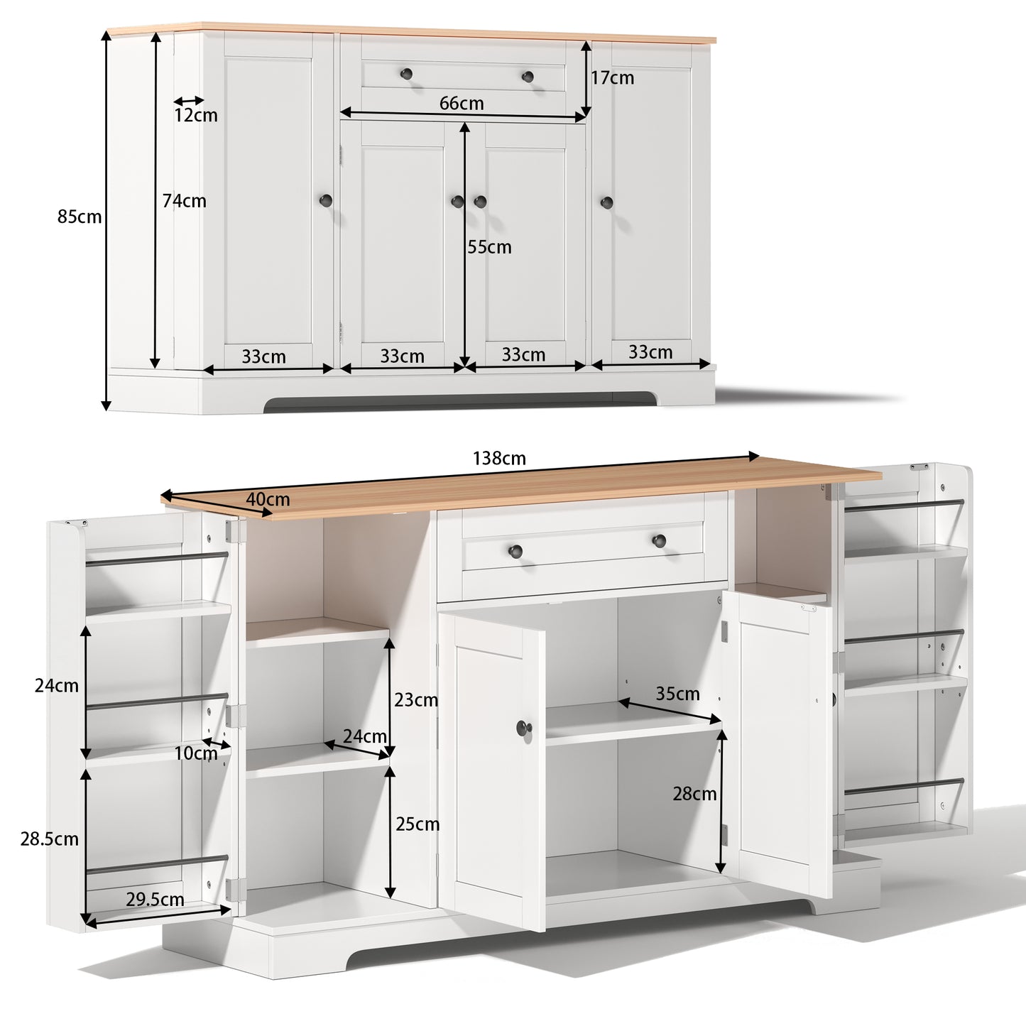 Multifunktionales Küchenbuffet – 138 cm Sideboard mit Schublade, Regaltüren & verstellbaren Einlegeböden – Modernes Design mit Kippschutz, ideal für Küche, Wohnzimmer & Schlafzimmer