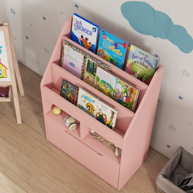 Kinder Bücherregal Kinderregal mit Schublade, 3 Ablagefächern und 2 offenen Fächern, Aufbewahrungsregal für Kinderzimmer, Spielzimmer, Rosa