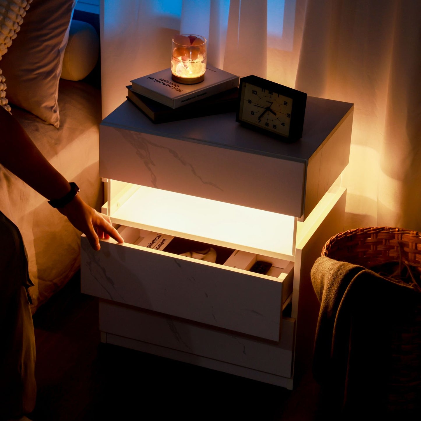 LED Nightstands 3 Drawer Dresser for Bedroom End Table with Acrylic Board LED Bedside Tables for Bedroom Living Room Bedside Furniture (White Stone)