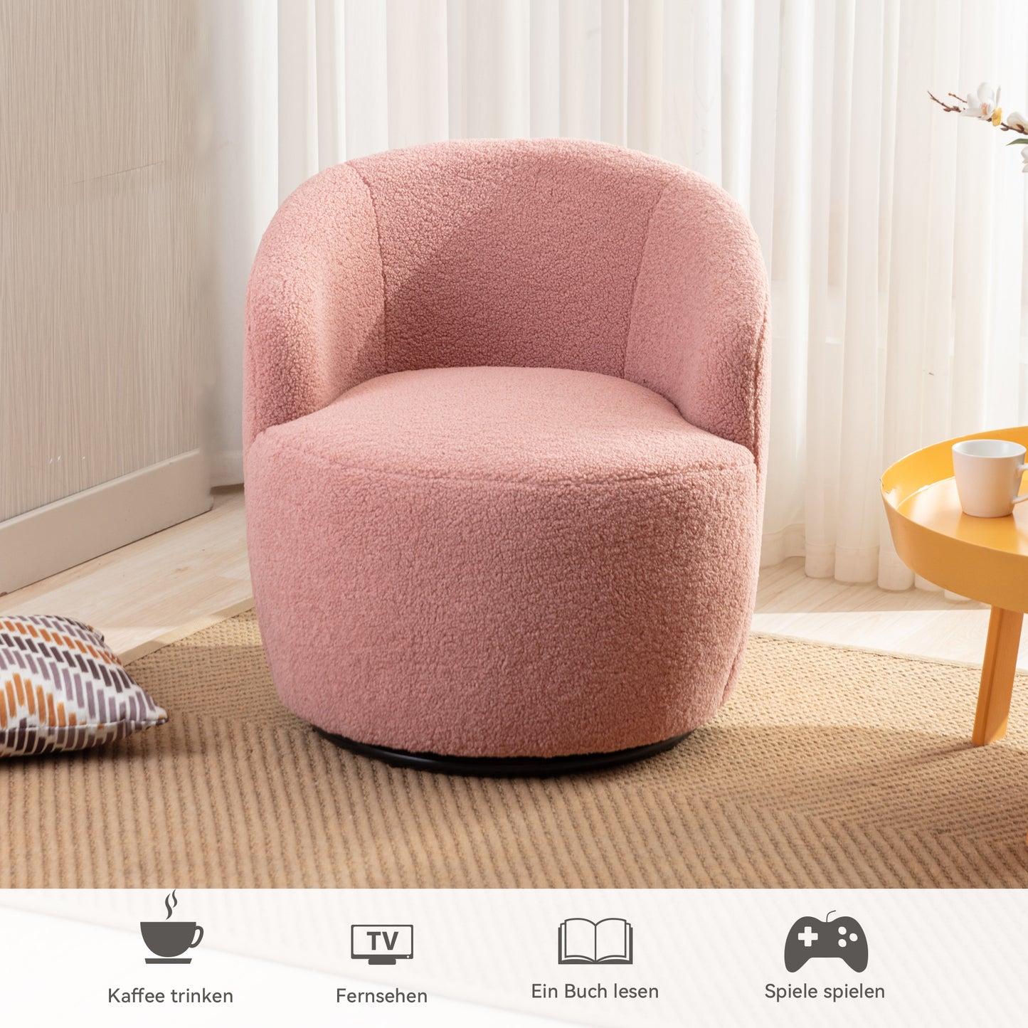 Drehbarer Akzentsessel aus weichem Teddy-Stoff mit Metallring in Pulverbeschichtung, Rosa