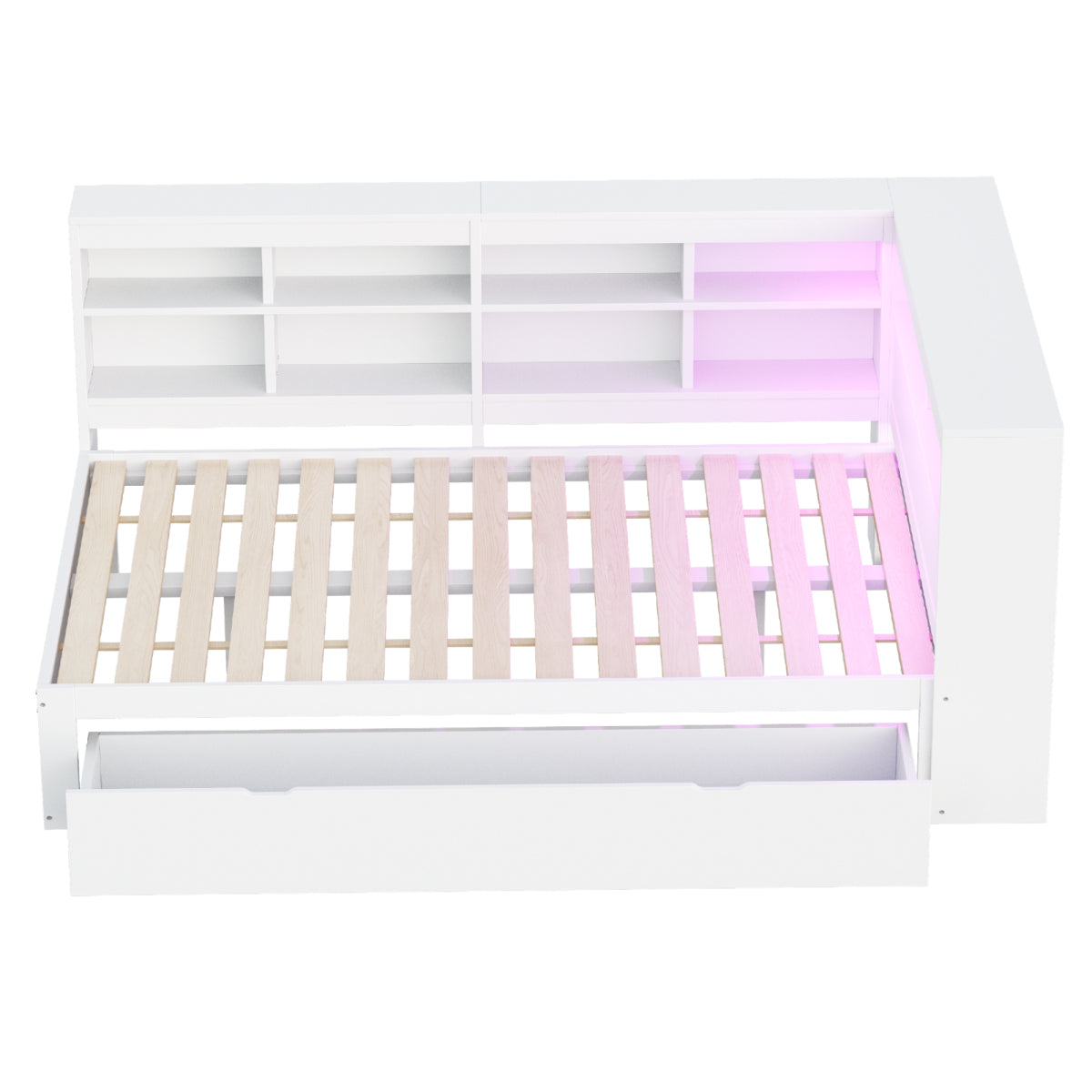 Massivholz-Doppelbett 140x200 Weiß mit LED & USB - Multifunktionales Sofa-Bett mit großen Schubladen, Ablagefächern & viel Stauraum, Weiß
