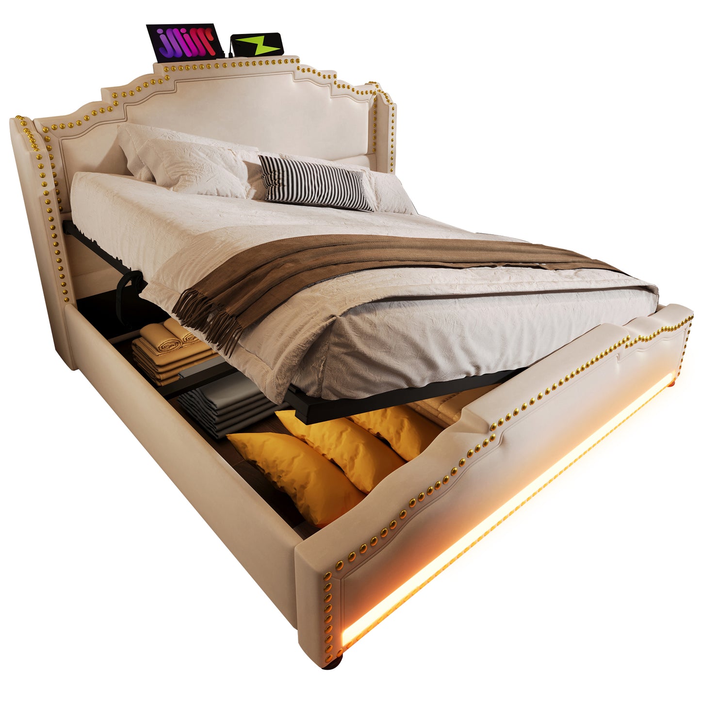 Polsterbett 140x200, Doppelbett mit hydraulischem Stauraum, LED-Beleuchtung und USB-C-Ladeanschluss, Stauraumbett und Jugendbett mit Lattenrost, Samt, Beige, Mit Matratze