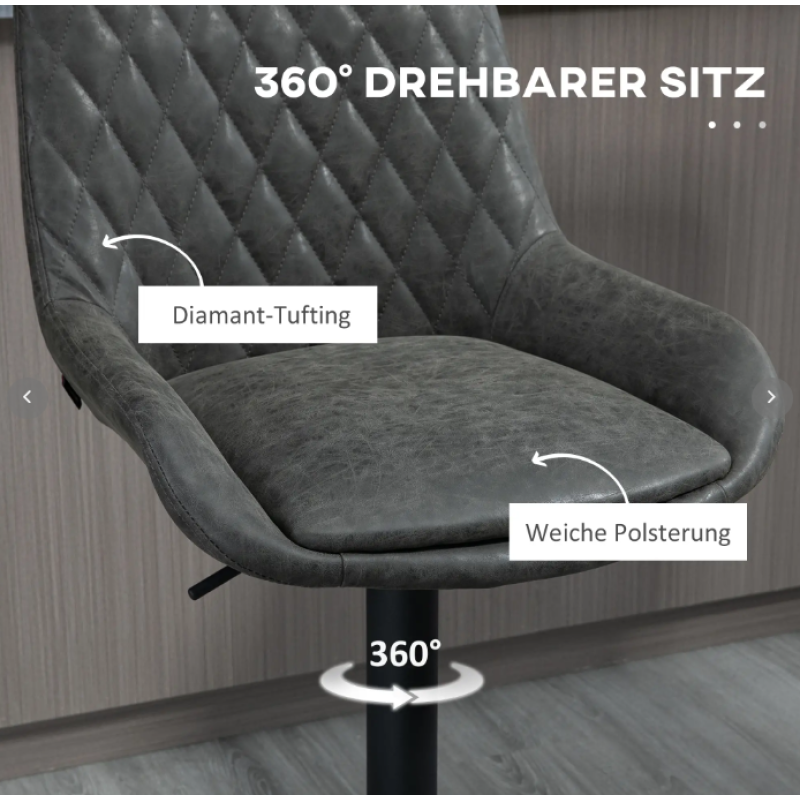 2er-Set Barhocker höhenverstellbar mit Rückenlehne, Küchenhocker Kunstleder Dunkelgrau für Bar und Küche
