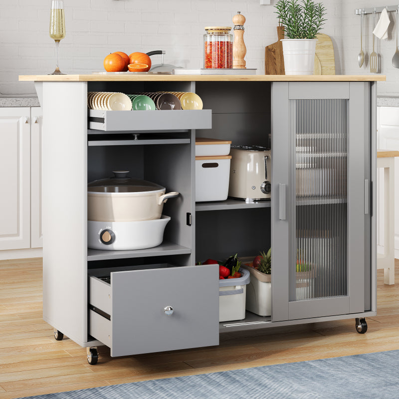 112×46(69)×91cm, klappbarer Kücheninselwagen, Eichenholzfurnier, Weinregal, Schubladen, großer Kücheninselwagen mit Schiebetüren aus gehärtetem Glas und verstellbaren Einlegeböden, mobiler Inselwagen