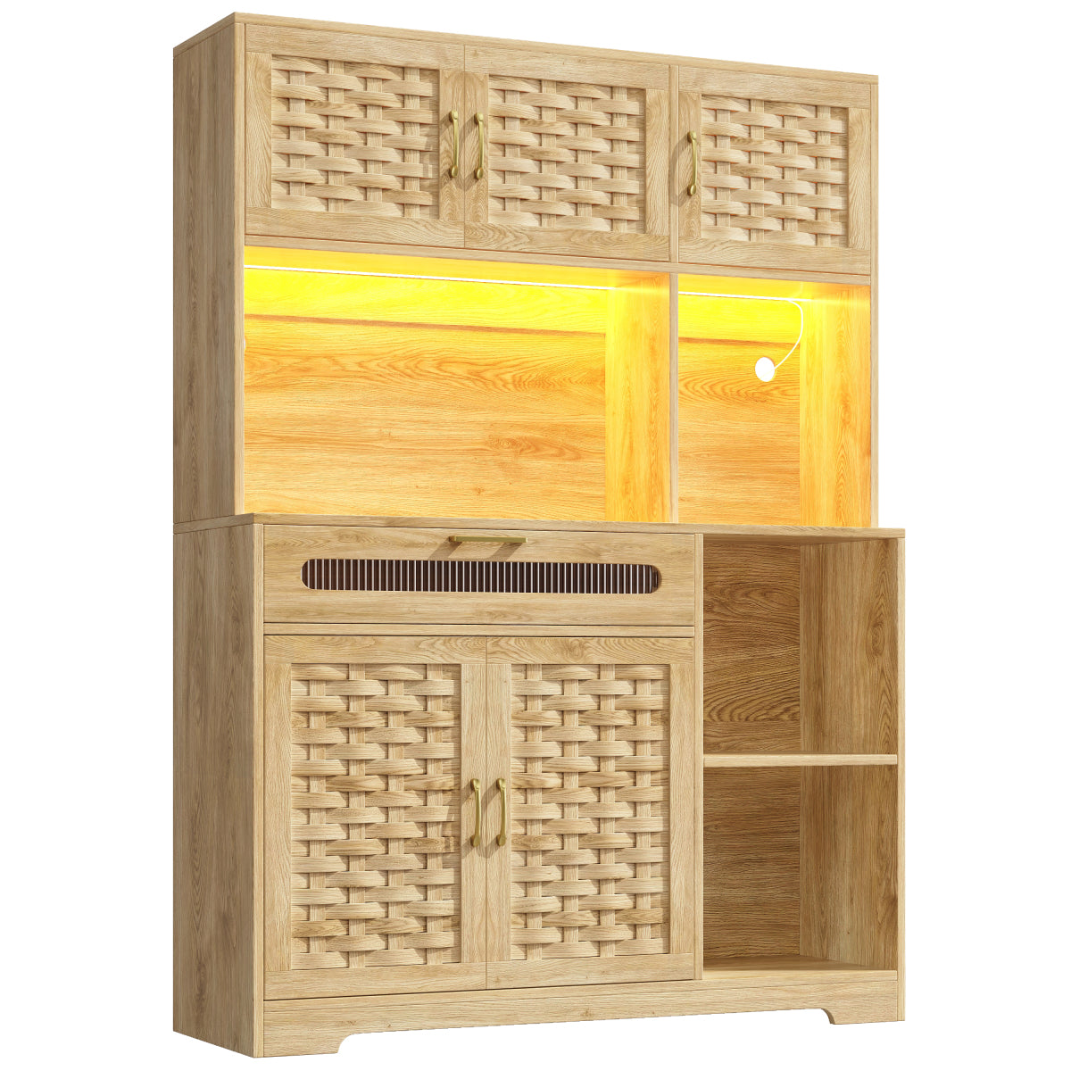 Hochschrank 120x40x180cm Vitrine mit LED-App-Steuerung & Musikmodus, Küchenschrank Natur Holzoptik, MDF-Geflecht & Glastüren
