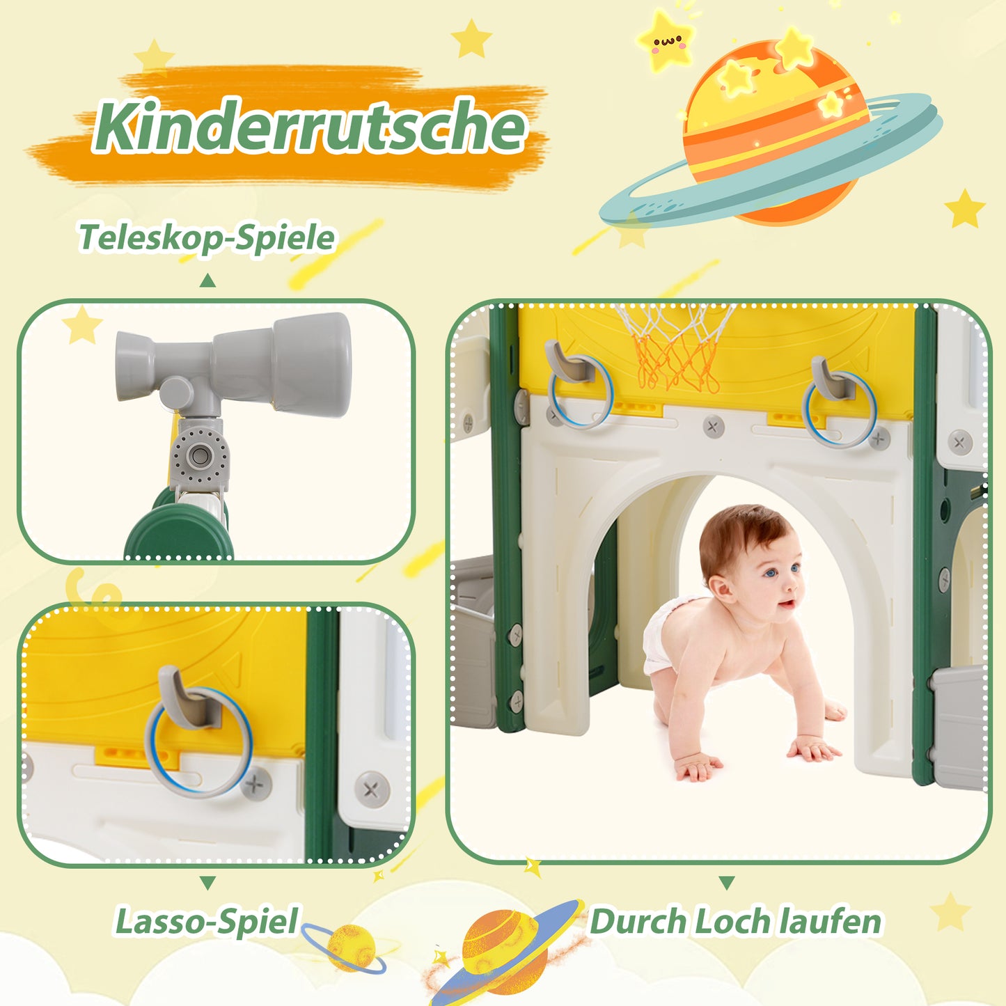 10 in 1 Kinderrutsche Kletterspielzeug, Multifunktionsrutsche Rutschen, freistehende Rutsche, Klettern, Bohrspiel, Stauraum, Spielkorridor, Basketballkorb, Lasso-Spiel, Reißbrett, Golfspiel, Teleskop