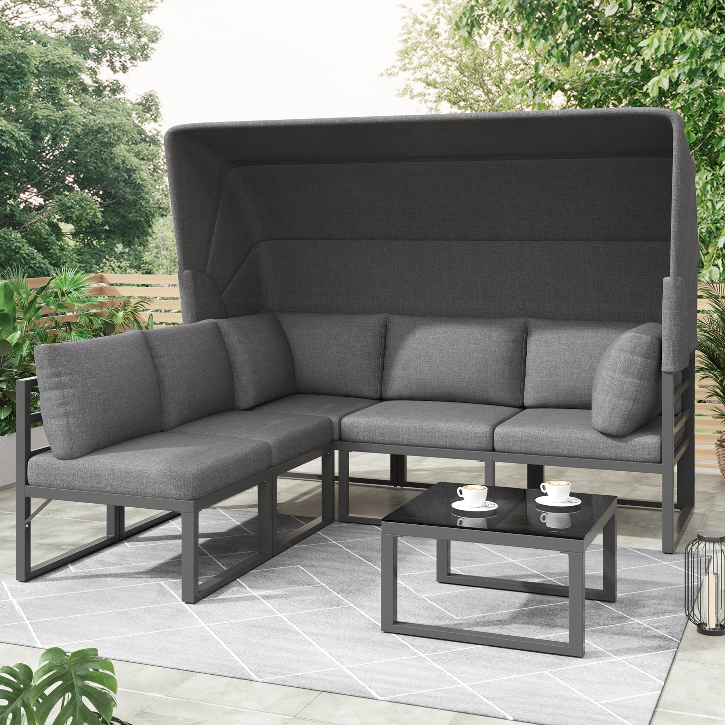 Garten Loungesessel Set, Iron Sunny Island Sitzgruppe Hocker und Tisch mit Markise 4er Set Balkon und Garten Loungemöbel Terrassenmöbel Wetterfest Grau Inkl. aller Kissen(previous sku:HW24006AAA)