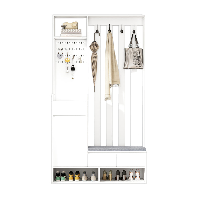 Flurgarderobe mit gepolsterter Aufbewahrungsbank, multifunktionaler Flur-Schuhschrank mit Stecktafel, moderne Garderobe mit 4 Haken für Eingangsbereich, Waschküche, Weiß,H180/B100/T35 cm